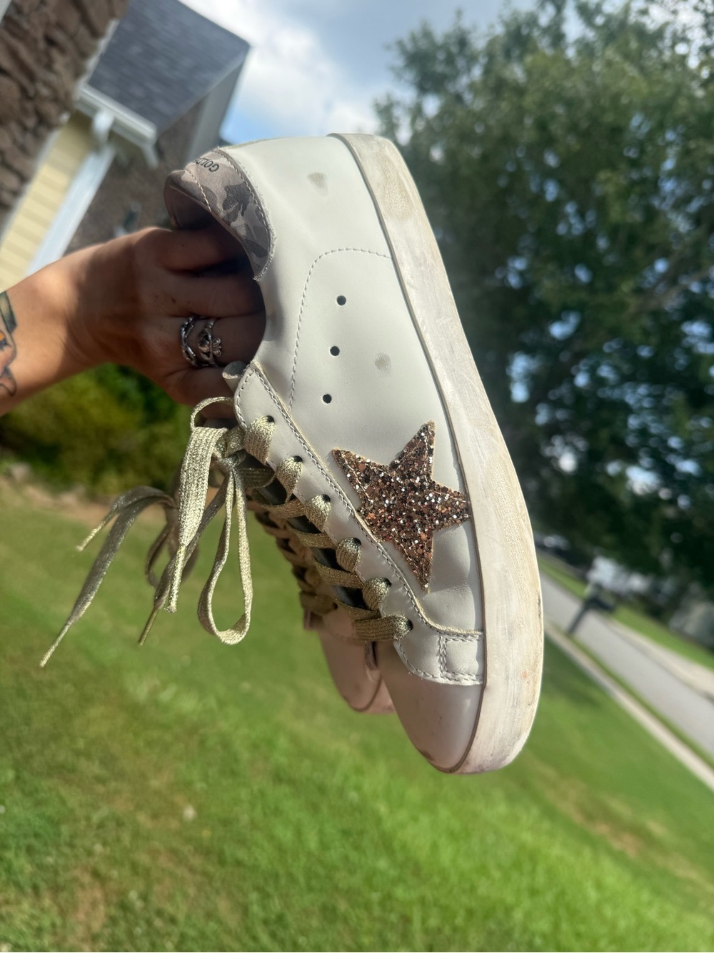 White Leather Golden Goose Sneaker with Glitter Star Accent
